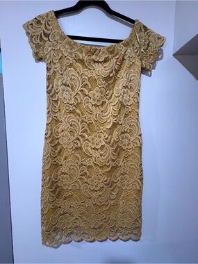 🌸 U2B Lace Off-Shoulder Sheath Dress in Mustard Yellow